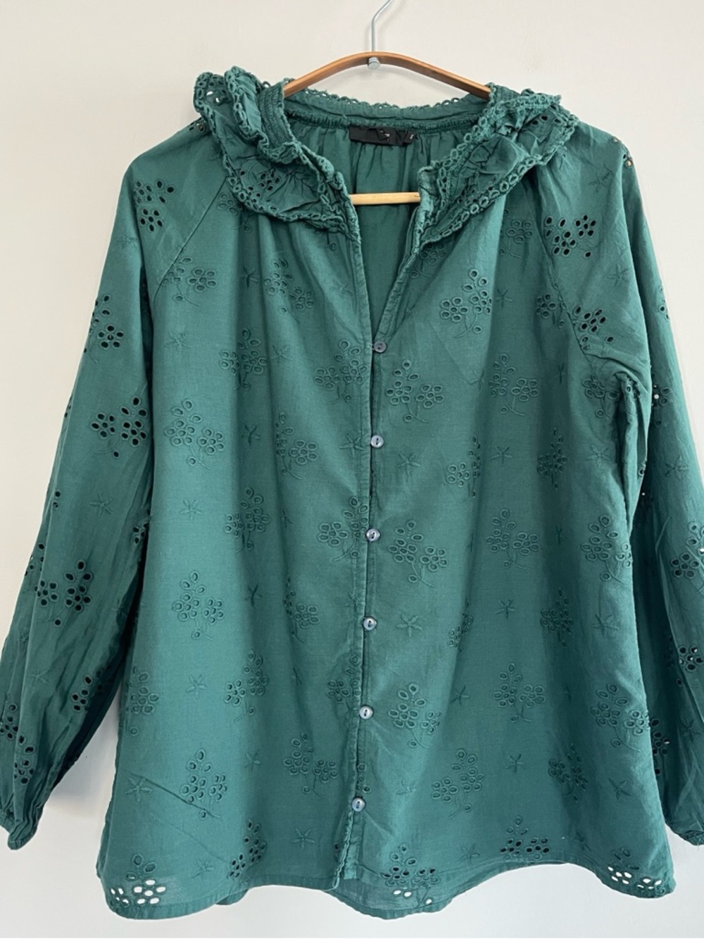 J Crew Green Floral Eyelet Button-Up Cotton Blouse with Ruffle Collar Size Small